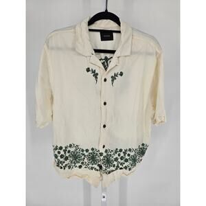 PacSun Remi oversized embroidered camp shirt cream with green floral Mens Sz M